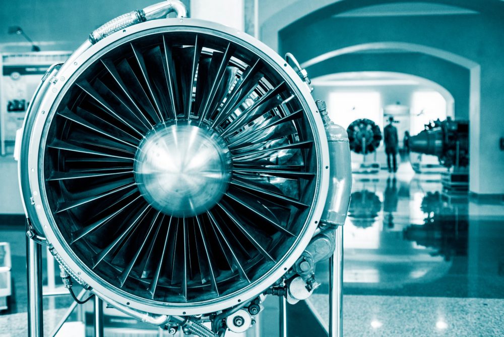 Aviation Technologies. Aircraft jet engine detail in the exposit